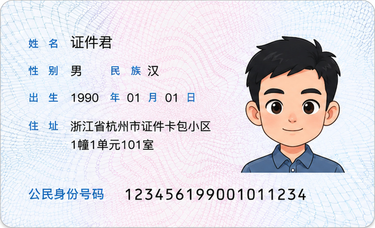 身份证扫描件正面示例，使用虚构姓名和证件号码